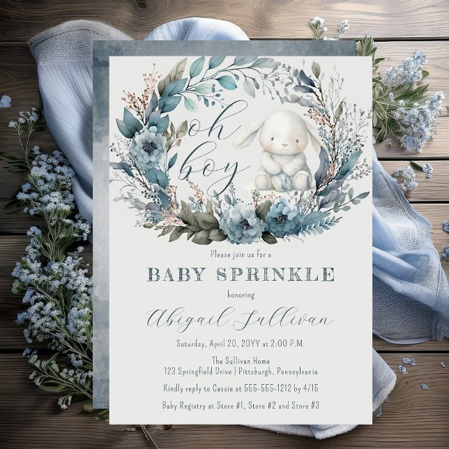 Oh Boy Bunny Rabbit Blue Floral Wreath Baby Shower Invitation ("Oh Boy" Bunny Rabbit and Blue Floral Wreath Boy Baby Sprinkle Invitation - Print | Digital)