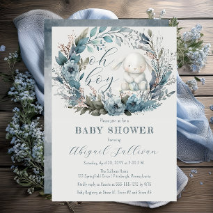 Oh Boy Bunny Rabbit Blue Floral Wreath Baby Shower Invitation