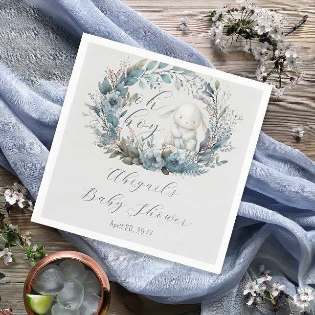 Oh Boy Bunny Rabbit Blue Floral Wreath Baby Shower Napkin (Bunny Rabbit and Blue Floral Wreath Boy Baby Shower Paper Napkins - "Oh Boy" Bunny Collection)
