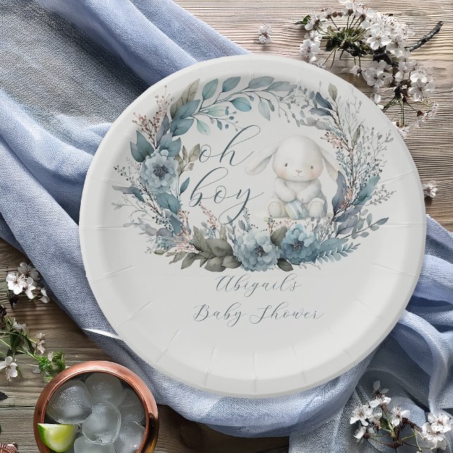 Oh Boy Bunny Rabbit Blue Floral Wreath Baby Shower Paper Plate (Bunny Rabbit and Blue Floral Wreath Boy Baby Shower Paper Plates - "Oh Boy" Bunny Collection)