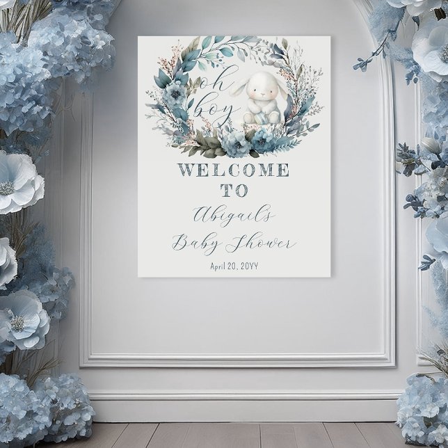Oh Boy Bunny Rabbit Blue Floral Wreath Baby Shower Poster (Bunny Rabbit and Blue Floral Wreath Boy Baby Shower Poster - "Oh Boy" Bunny Collection -Print | Digi)
