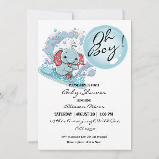 Oh Boy Cute Baby Elephant Blue Bubble Baby Shower Invitation