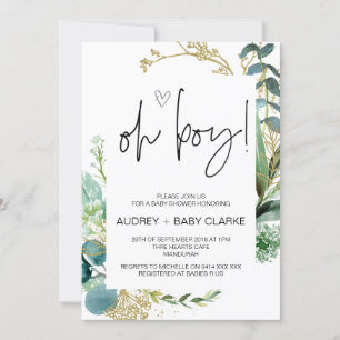 Oh Boy Cute Baby Shower Party Green Eucalyptus Inv Invitation
