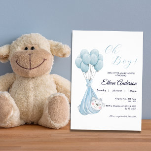Oh Boy Cute Bear Balloon Baby Shower Invitation