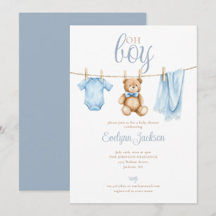 Oh Boy Cute Blue Clothesline Baby Shower Invitation