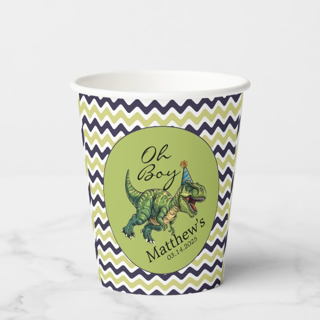 Oh Boy! Cute Dinosaur Baby Shower Paper Cups (Back)