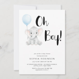 Oh Boy Cute Elephant Bold Typography Baby Shower Invitation