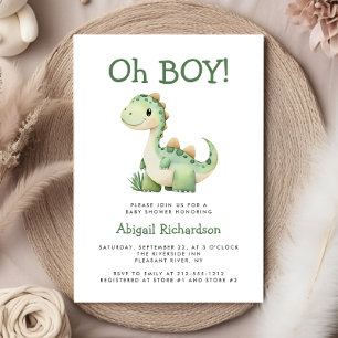 Oh Boy Cute Green Dinosaur Baby Shower Invitation