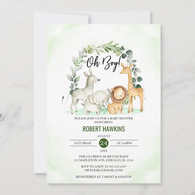 Oh Boy Cute Jungle Safari Animals  Baby Shower Invitation (Front)