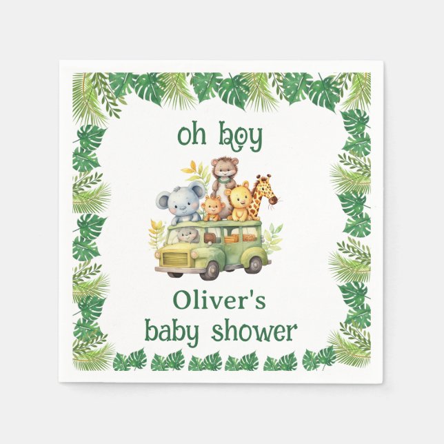 oh boy cute jungle safari animals baby shower napkin (Front)