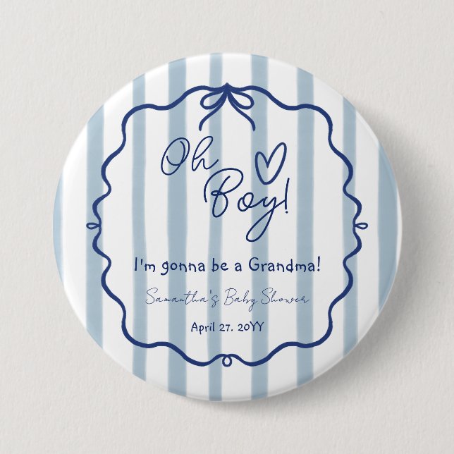 Oh Boy Cute Modern Dusty Blue Baby Shower Grandma 7.5 Cm Round Badge (Front)