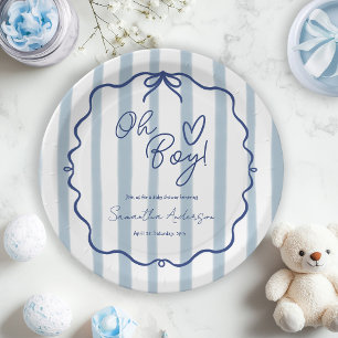 Oh Boy Cute Modern Dusty Blue Baby Shower Paper Plate