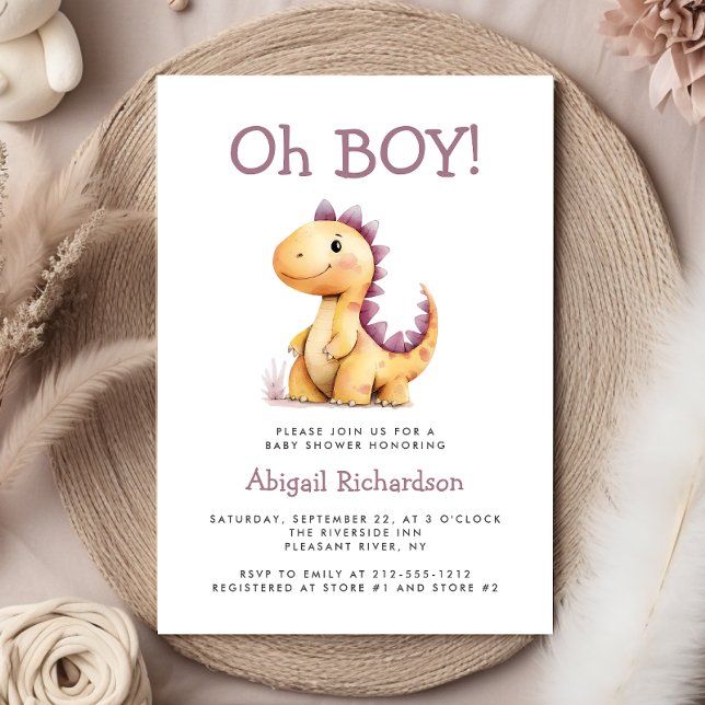 Oh Boy Cute Orange Purple Dinosaur Baby Shower Invitation (Creator Uploaded)