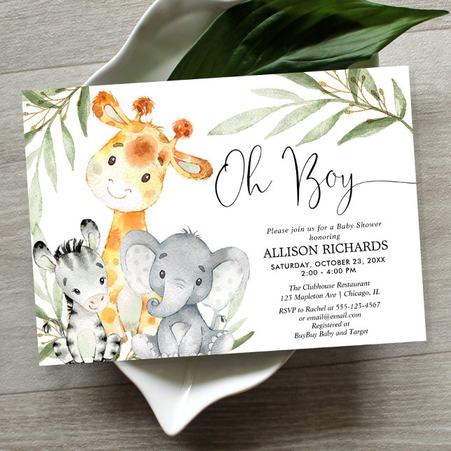 Oh boy cute Safari animal greenery boy baby shower Invitation (Creator Uploaded)