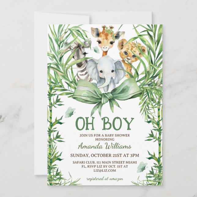 Oh Boy Cute Safari Animals Baby Shower Invitation (Front)
