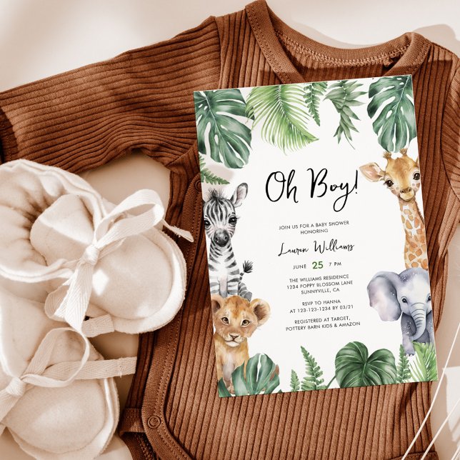Oh Boy Cute Safari Animals Greenery Baby Shower Invitation (Creator Uploaded)