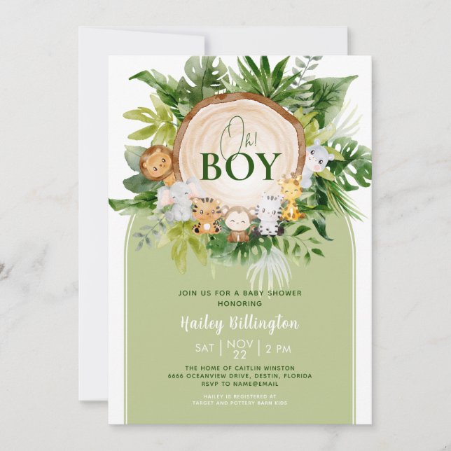 Oh Boy Cute Safari Jungle Watercolor Baby Shower Invitation (Front)