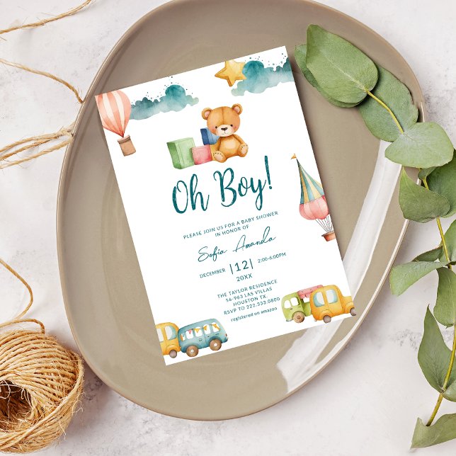 Oh Boy Cute Teddy Bear Baby Shower Invitation (Creator Uploaded)