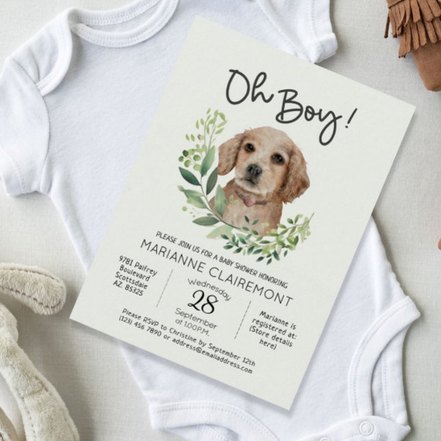 Oh Boy! Cute Watercolor Puppy Dog Baby Shower Invitation (Cute Watercolor Rustic Boy Baby Shower Invitation)