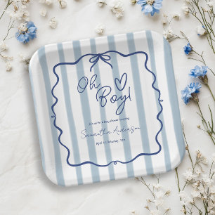 Oh Boy Cute Whimsical Blue Stripes Baby Shower Paper Plate
