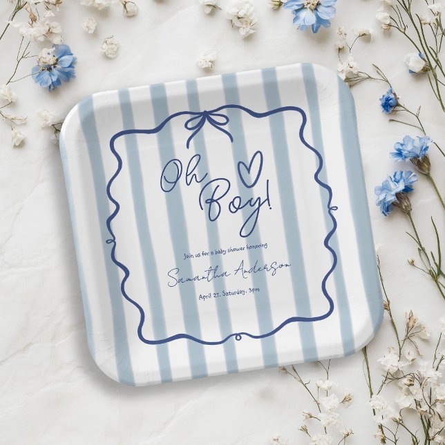 Oh Boy Cute Whimsical Blue Stripes Baby Shower Paper Plate (Creator Uploaded)