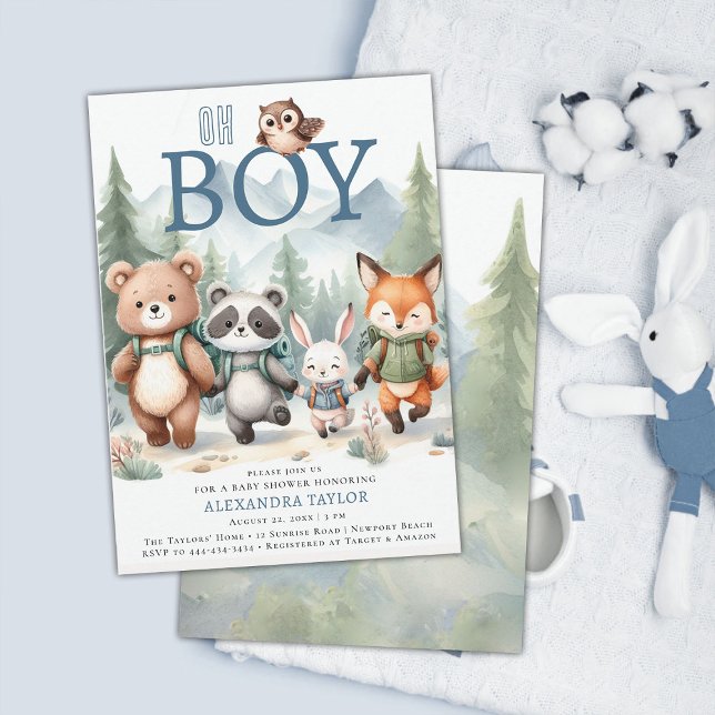 Oh Boy Cute Woodland Animal Hiking Boy Baby Shower Invitation (woodland baby shower invitation adventure mountain forest cute animals boy hiking watercolor)