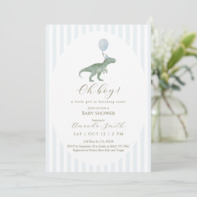 Oh Boy Dinosaur Baby Shower Invitation (Standing Front)