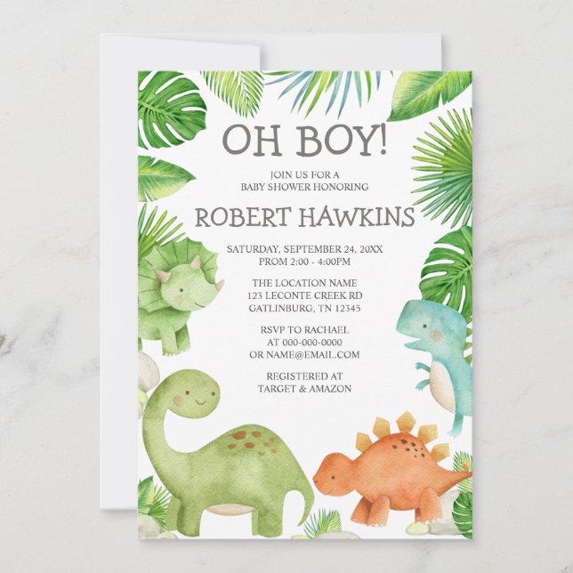 Oh Boy Dinosaur Baby Shower Invitation (Front)