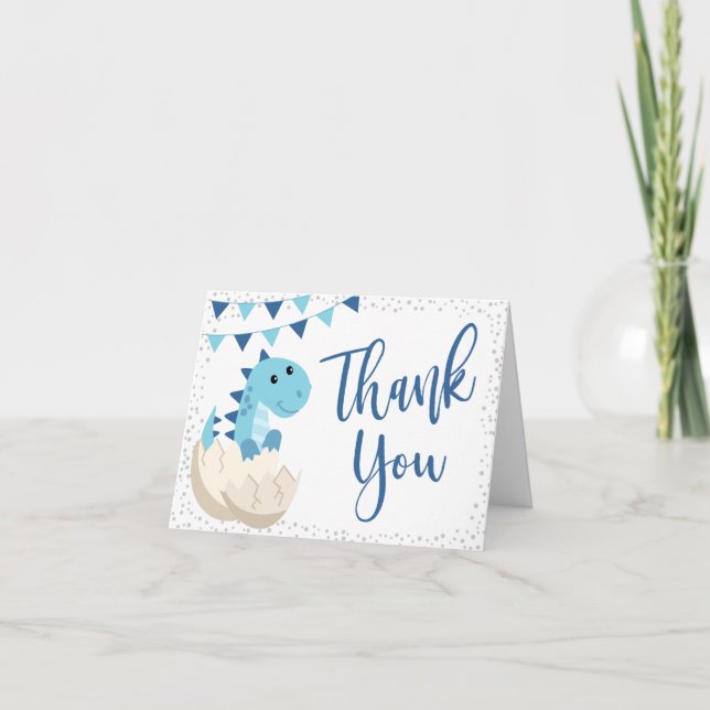 Oh Boy Dinosaur Navy Blue Baby Shower Thank You Card (Front)