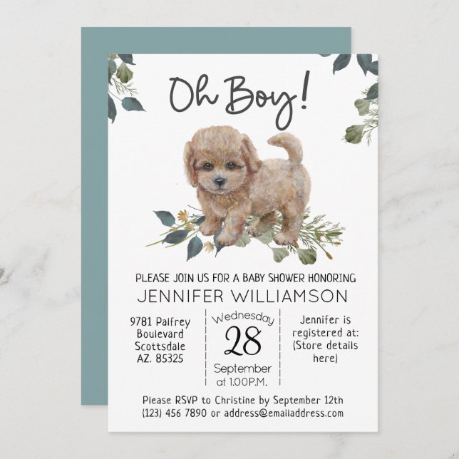 Oh Boy! Dog Baby Shower Labradoodle Invitation (Front/Back)