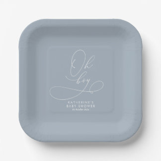 Oh Boy Dusty Blue Baby Shower Paper Plate