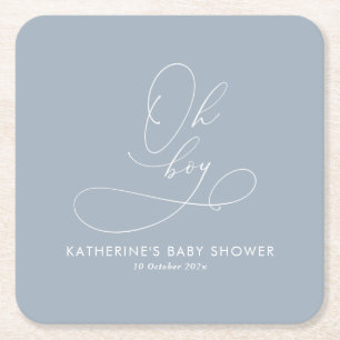 Oh Boy Dusty Blue Baby Shower Square Paper Coaster