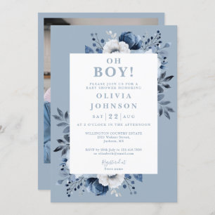 Oh Boy Dusty Blue Floral Photo Baby Shower Invitation