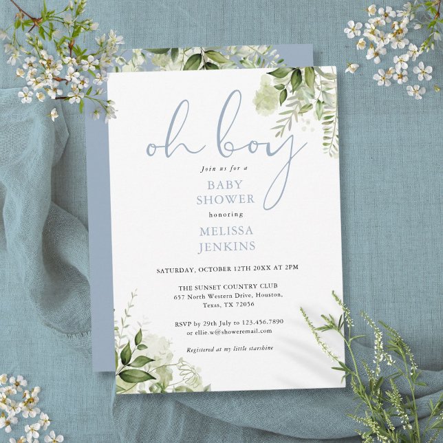 Oh Boy Dusty Blue Greenery Baby Shower Invitation (Oh Boy Dusty Blue Greenery Baby Shower Invitation)