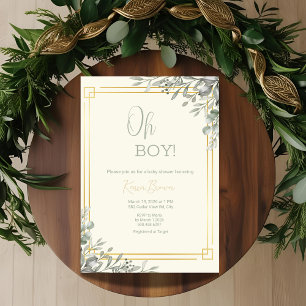 Oh Boy Elegant Greenery & Gold Baby Shower Invitation