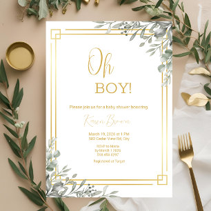 Oh Boy Elegant Greenery & Gold Baby Shower  Invitation
