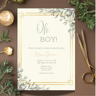 Oh Boy Elegant Greenery & Gold Baby Shower  Invitation