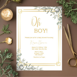 Oh Boy Elegant Greenery & Gold Baby Shower  Invitation