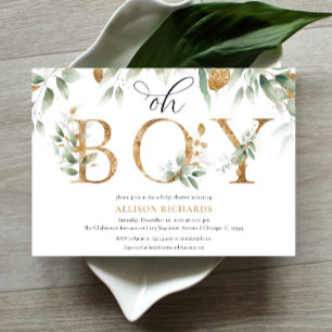 Oh Boy elegant simple greenery gold baby shower Invitation