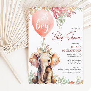 Oh boy elephant autumn balloon baby shower invitation