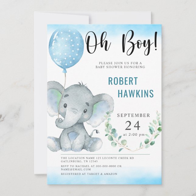 Oh Boy Elephant Baby Shower Invitation (Front)