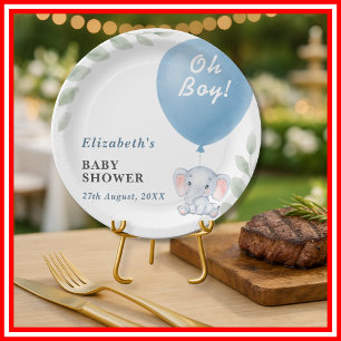Oh Boy Elephant Balloon Eucalyptus Baby Shower Paper Plate