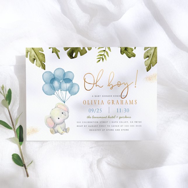  Oh Boy Elephant & Balloons Jungle baby Shower Invitation (Creator Uploaded)