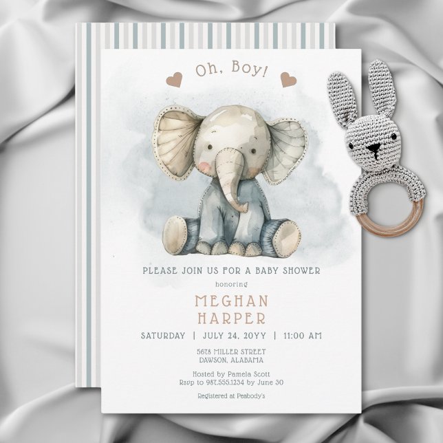 Oh Boy Elephant Blue Striped Baby Shower Invitation (Oh Boy Elephant Blue Striped Baby Shower Invitation)