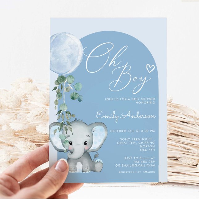 Oh Boy Elephant Boy With Balloon Baby Shower  Invitation (Creator Uploaded)