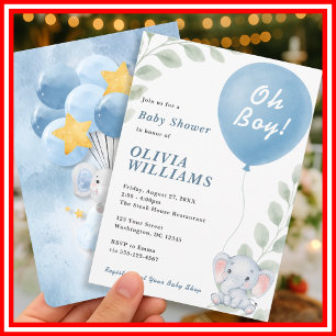 Oh Boy Elephant Eucalyptus Balloon Baby Shower   Invitation