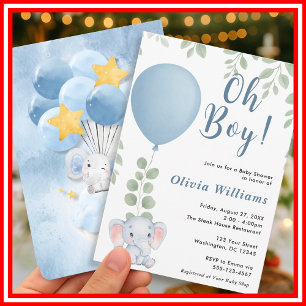 Oh Boy Elephant Eucalyptus Balloon Baby Shower Invitation