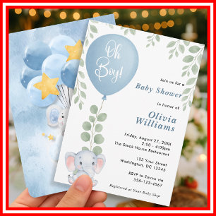 Oh Boy Elephant Eucalyptus Balloon Baby Shower   Invitation