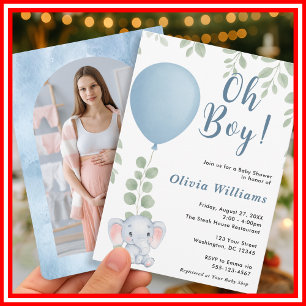 Oh Boy Elephant Eucalyptus Blue Balloon PHOTO Invitation