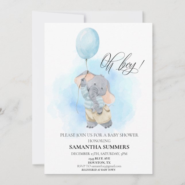 Oh Boy Elephant Watercolor Balloon Blue  Invitation (Front)
